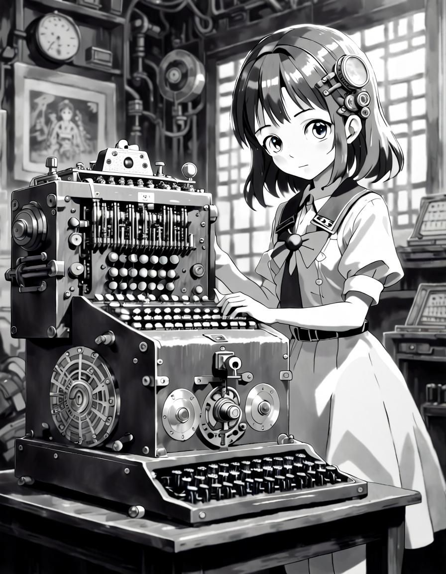 Cryptanalyst and Enigma Machine in Anime Style