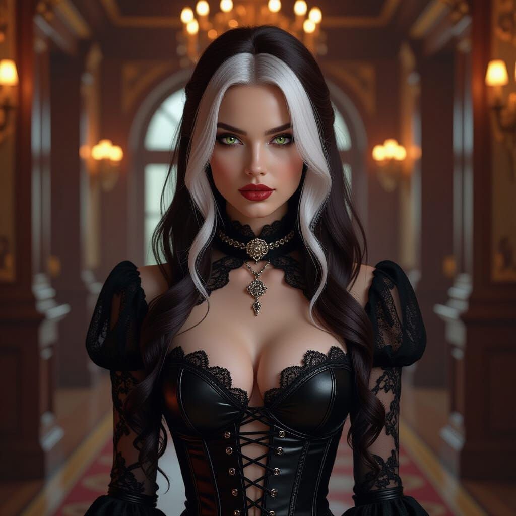 Gothic Woman with Green Eyes in Painterly Realism