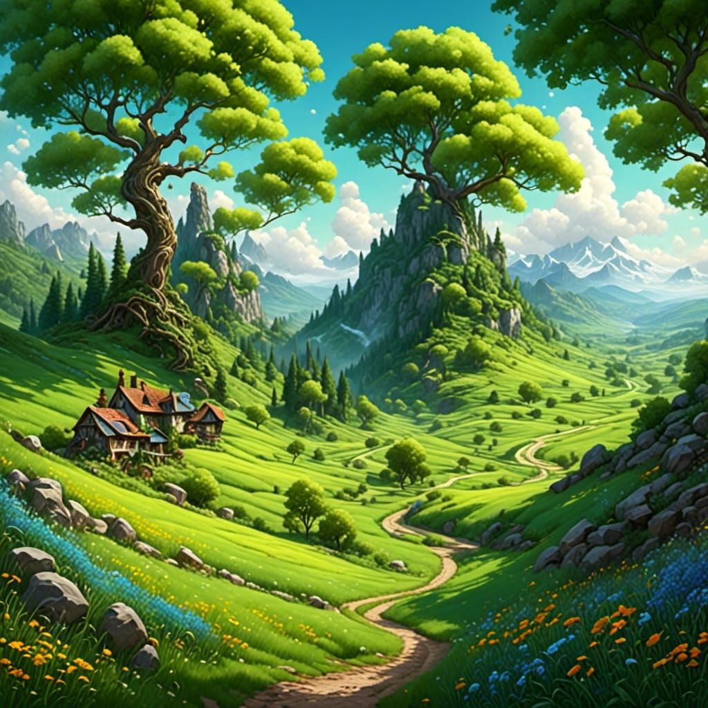 Lush Green Hills in a Fantasy Landscape