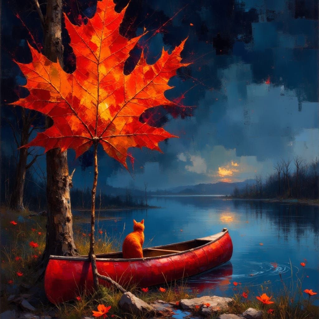 Vibrant Autumn Leaf by Reflective Lake