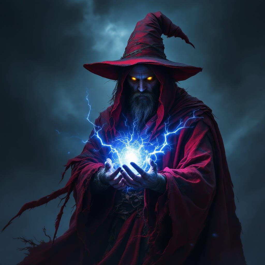 Mysterious Dark Fantasy Wizard in Dramatic Stormy Setting