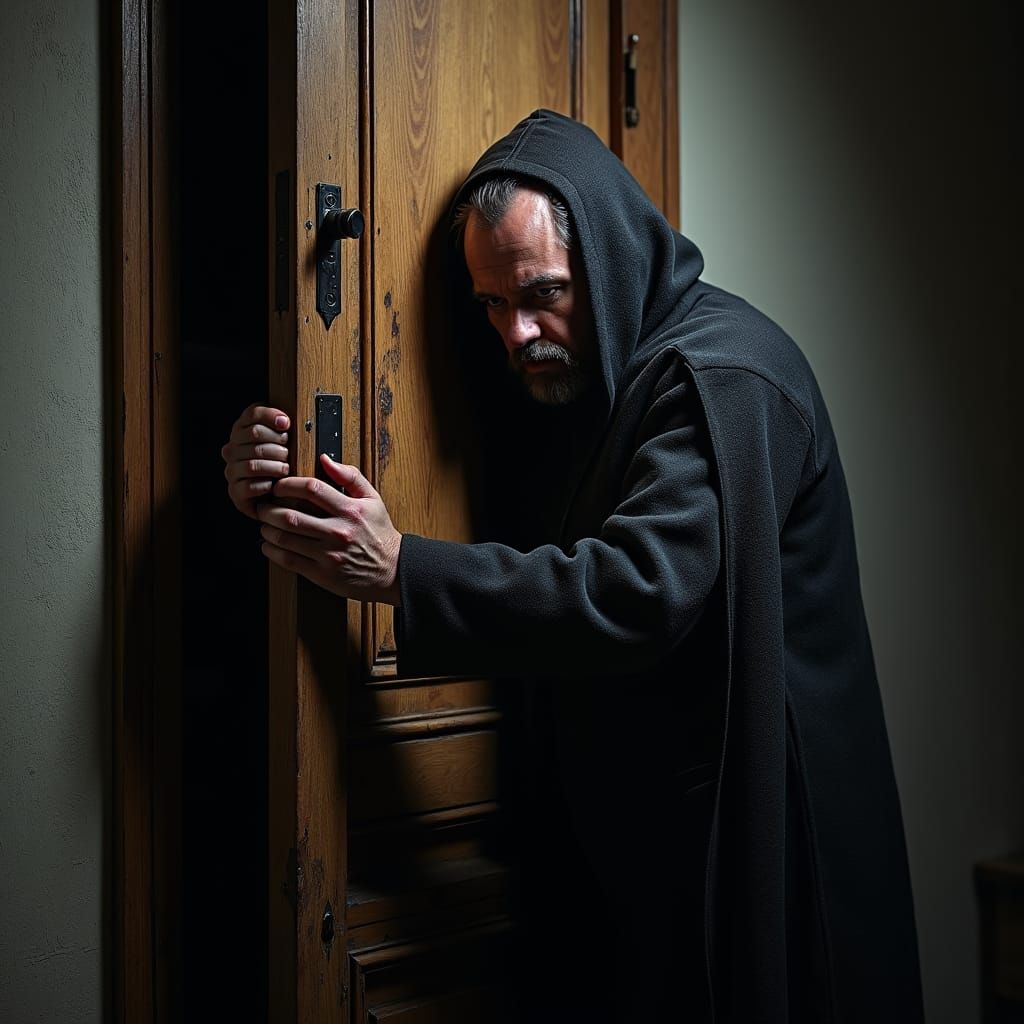 Terrified Man Closes Oak Door in Fantasy Horror