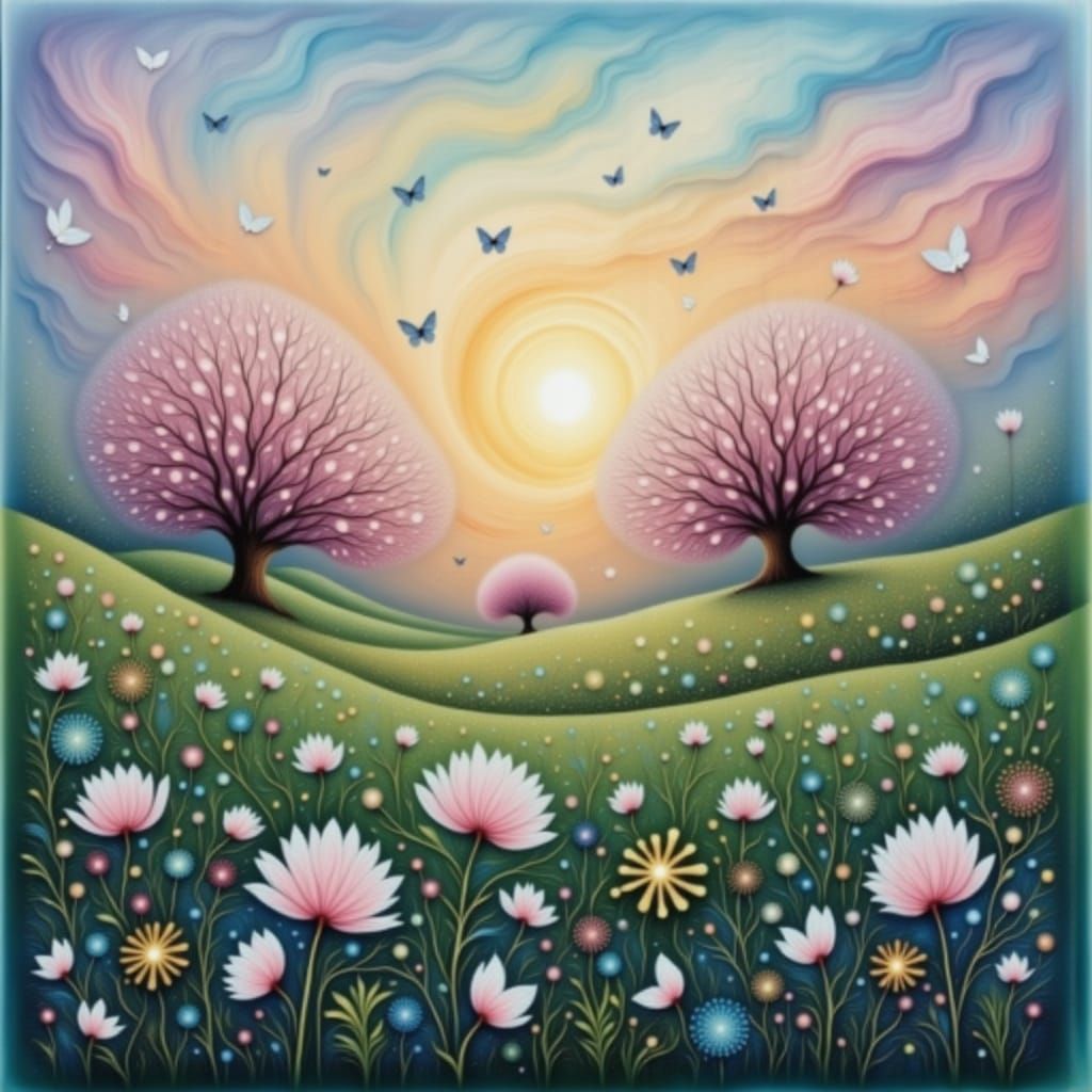 Cherry Blossom Field in Soft Impressionist Style