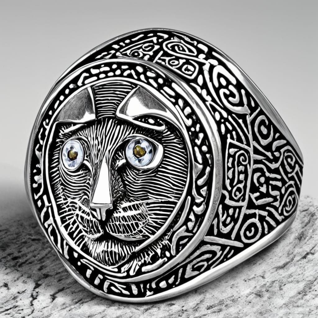 Intricate Cat Ring with Mythical Engravings