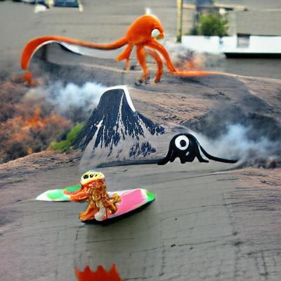 Squid Kaiju Skateboarding Over Volcano: Digital Art