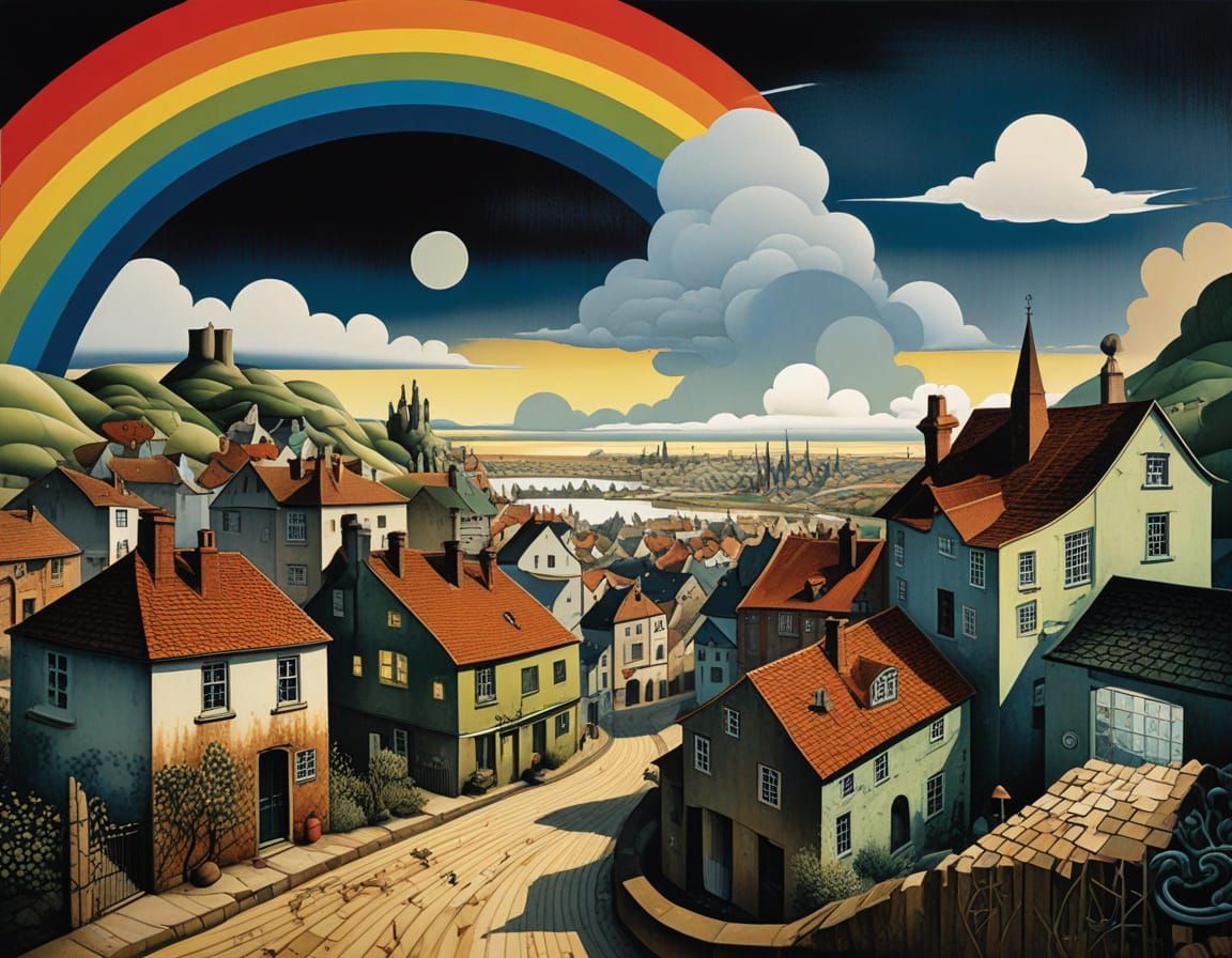 Surreal Town Under Clockwork Sun as Expressive Art