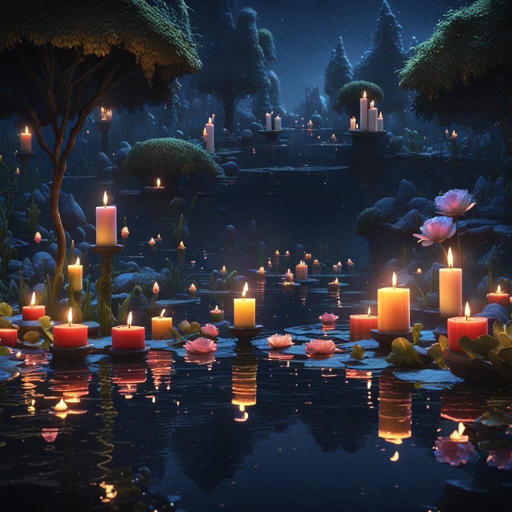 Romantic Night Pond with Floating Candles