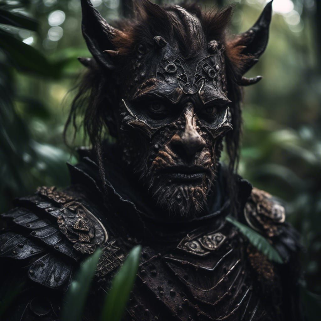 Werewolf in Black Armor Jungle Portrait