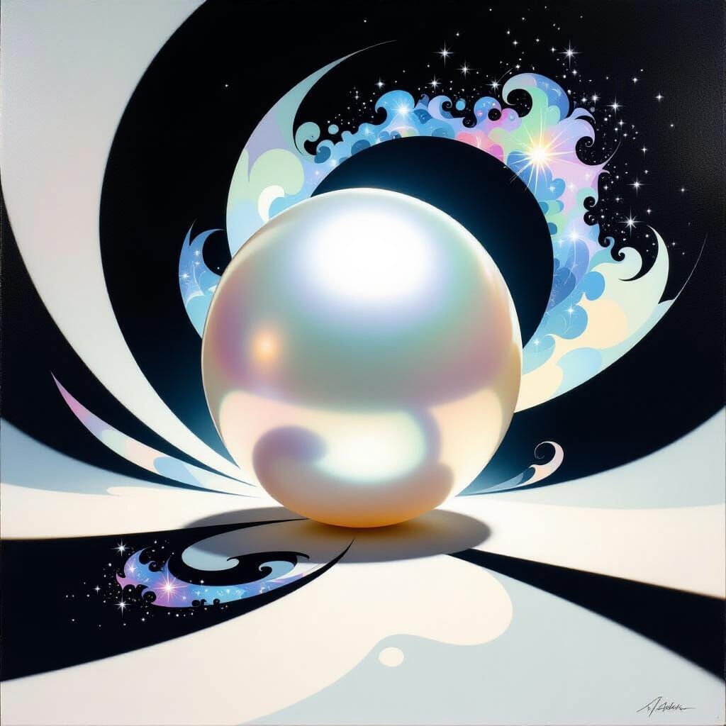 Oversized Iridescent Pearl in Cosmic Surrealism Style