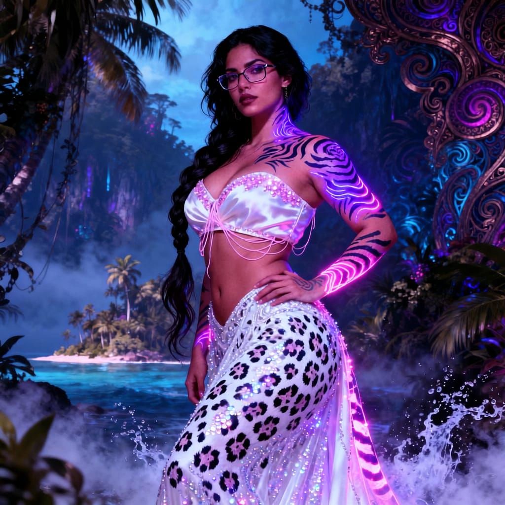 Goth Latina Female in Sequined Leopard Gown with Bioluminesc...