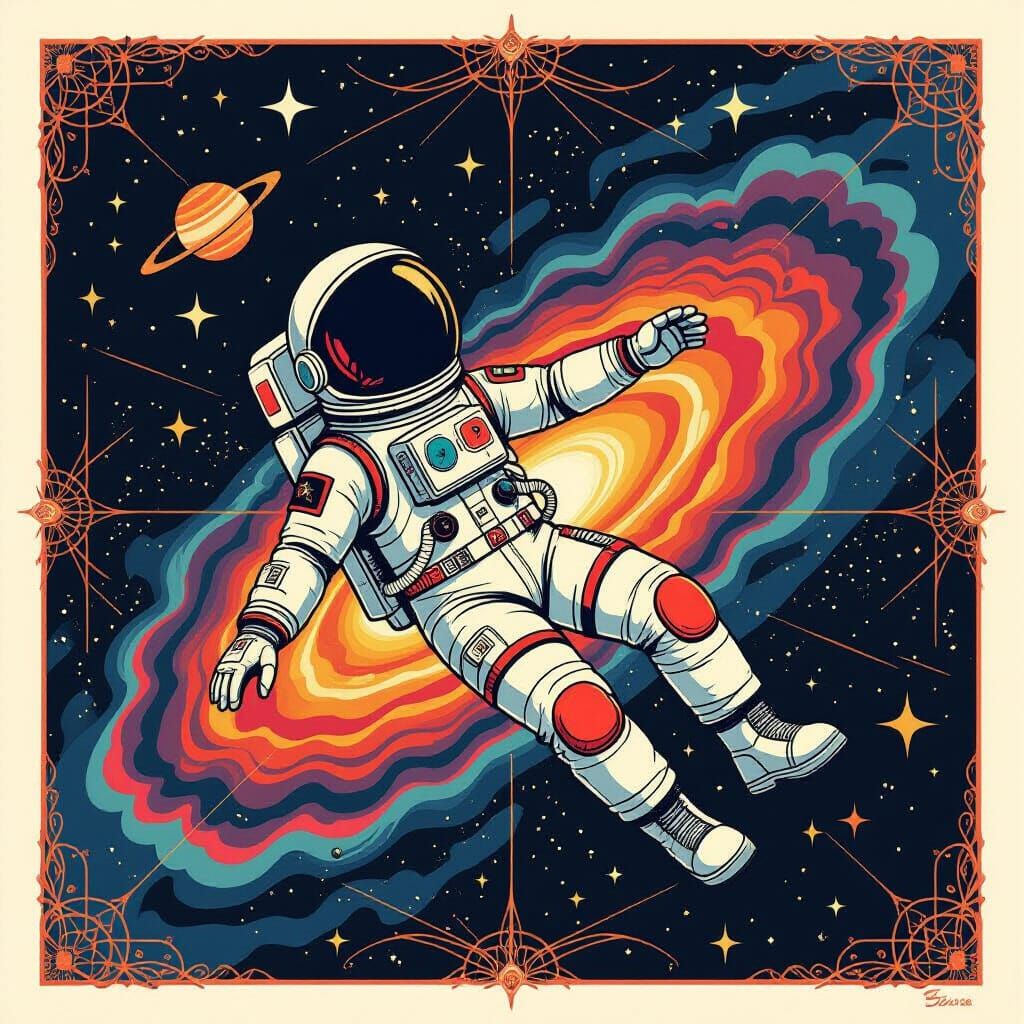 Cat Cosmonaut Drifting Through Space in Pop Art Style