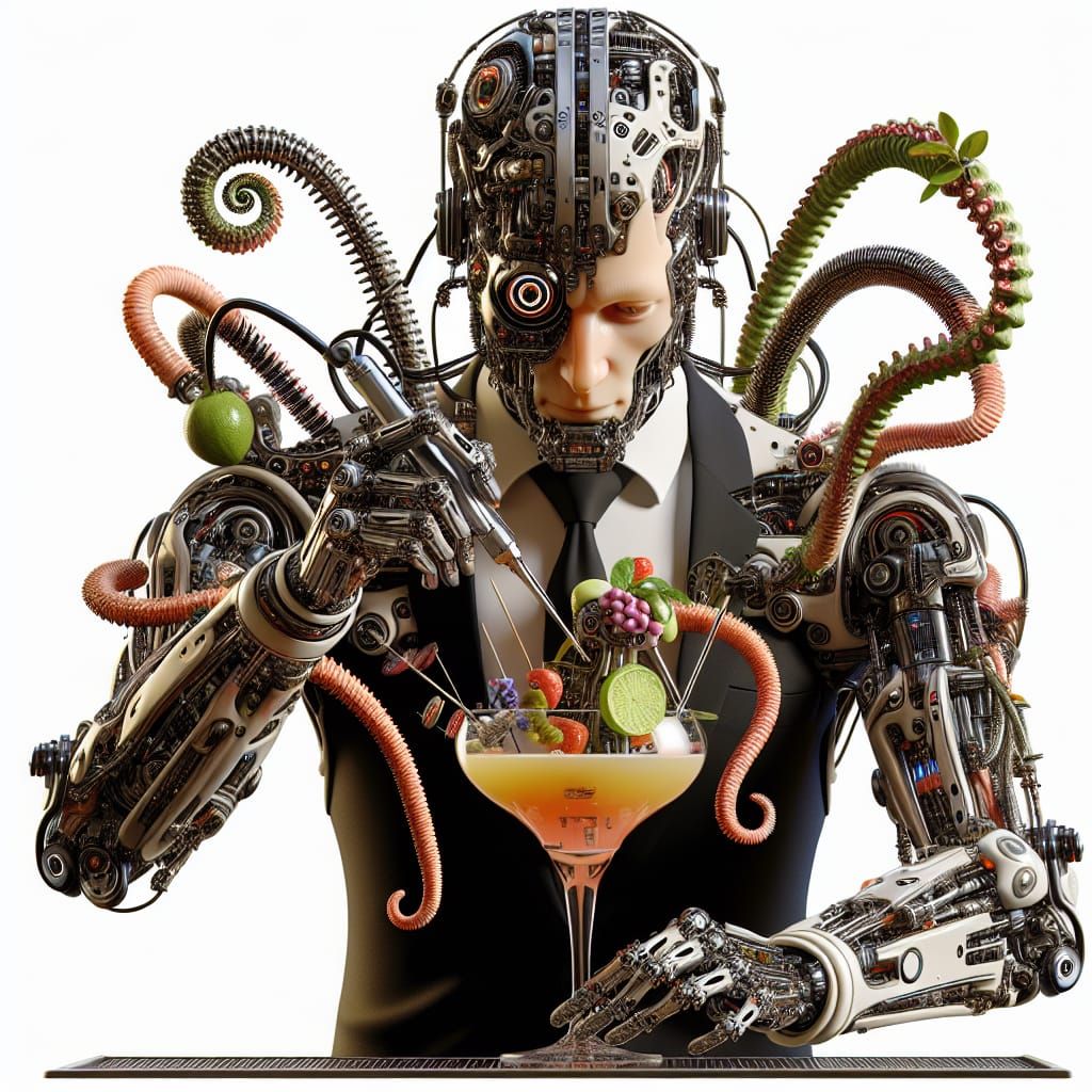 Cyborg Bartender Prepares Alien Cocktail in Hyperrealism