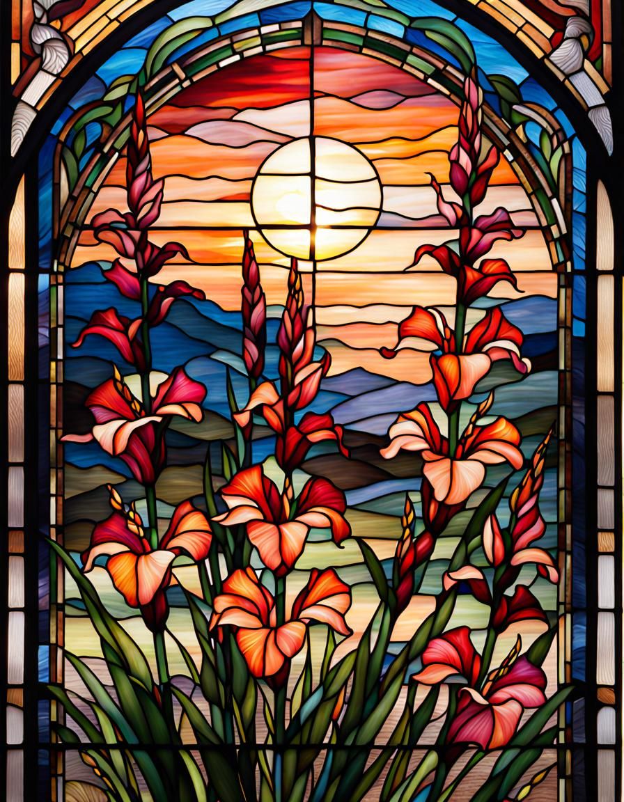 Stained Glass Gladiolas in Sunset Light