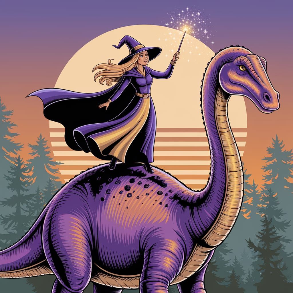 Majestic Witch on Diplodocus Casting Magic Spell