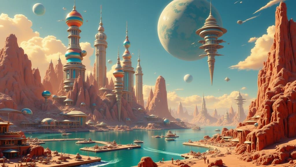 Vintage-Futuristic Exoplanet Spaceport Concept Art