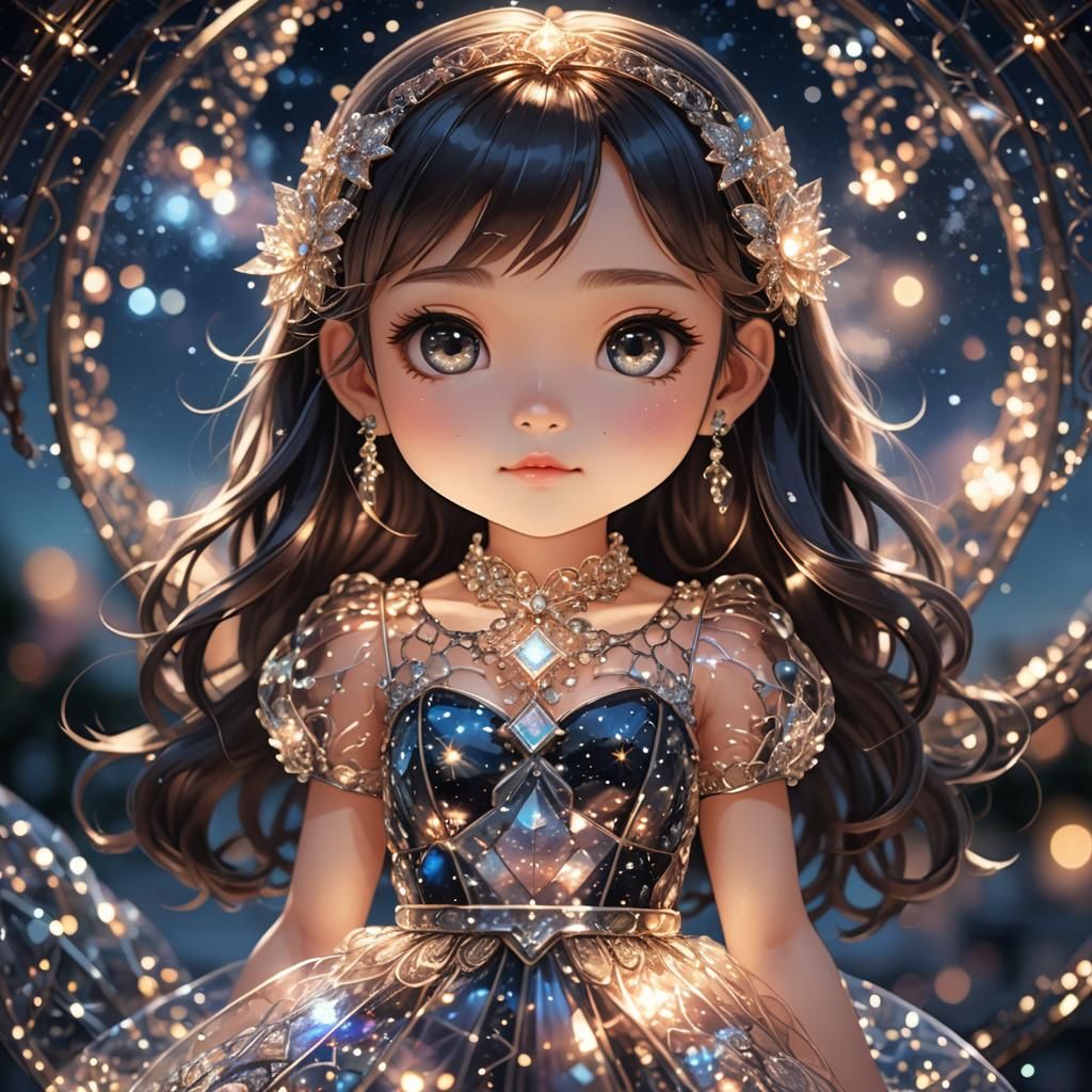 Chibi Girl in Glass Dress: Hyperrealistic Portrait