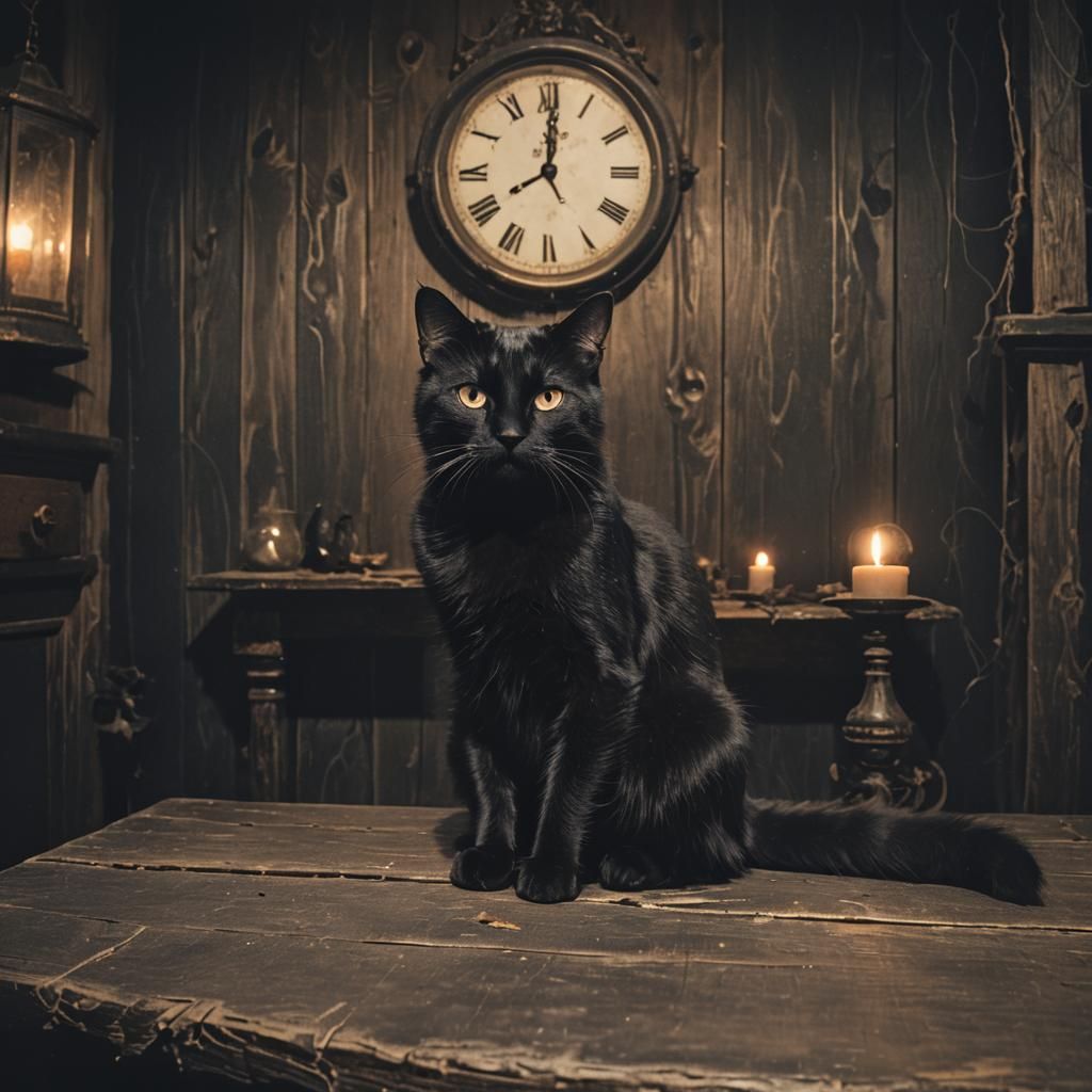 Eerie Ghost Cat in Dark, Gustave Doré-Inspired Room