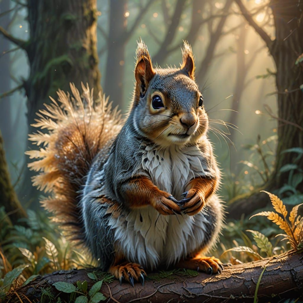 Feathered Squirrel in Misty Forest: Ethereal Fantasy