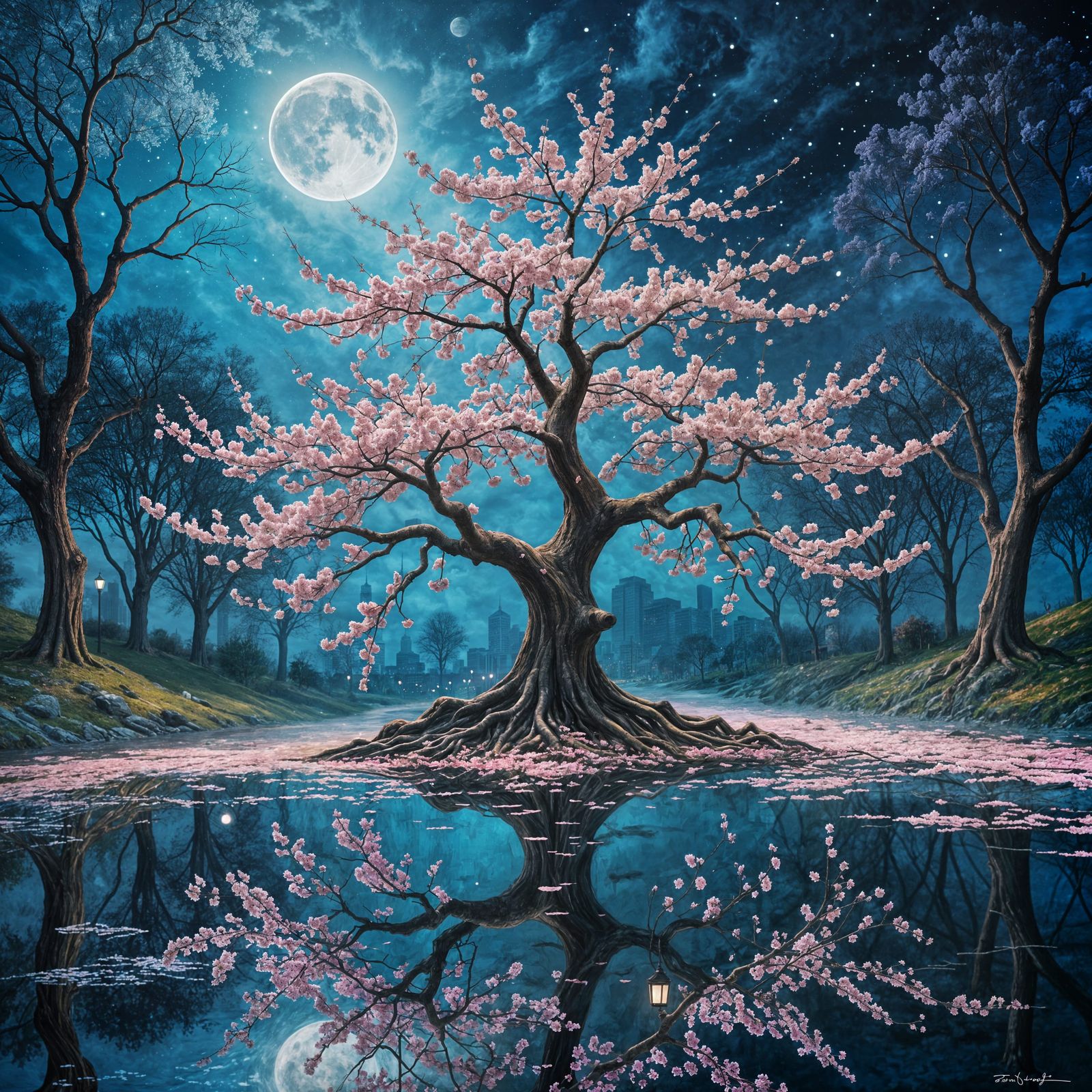 Surreal Cherry Blossom Tree at Night in Impasto Oil Style