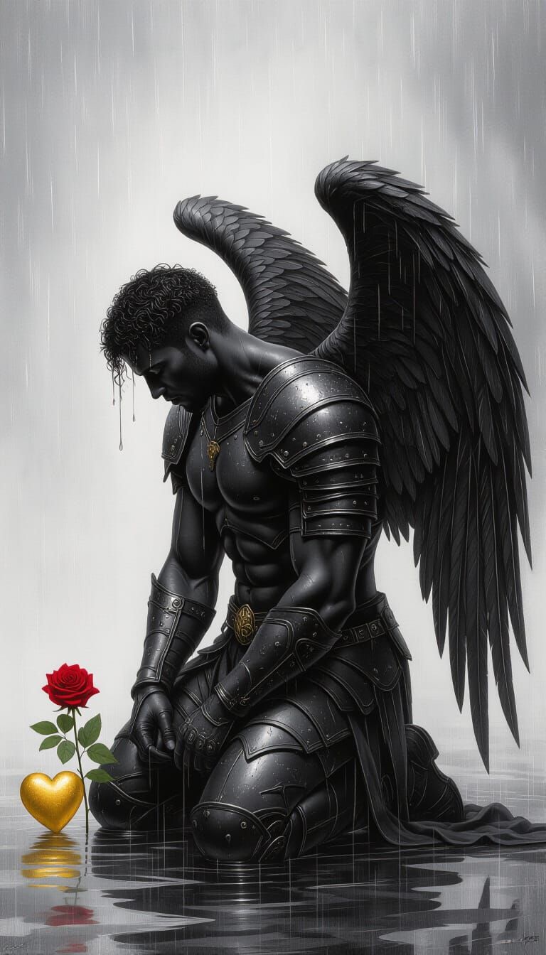 Black Angel Kneeling in Rain, Graphite Drawing