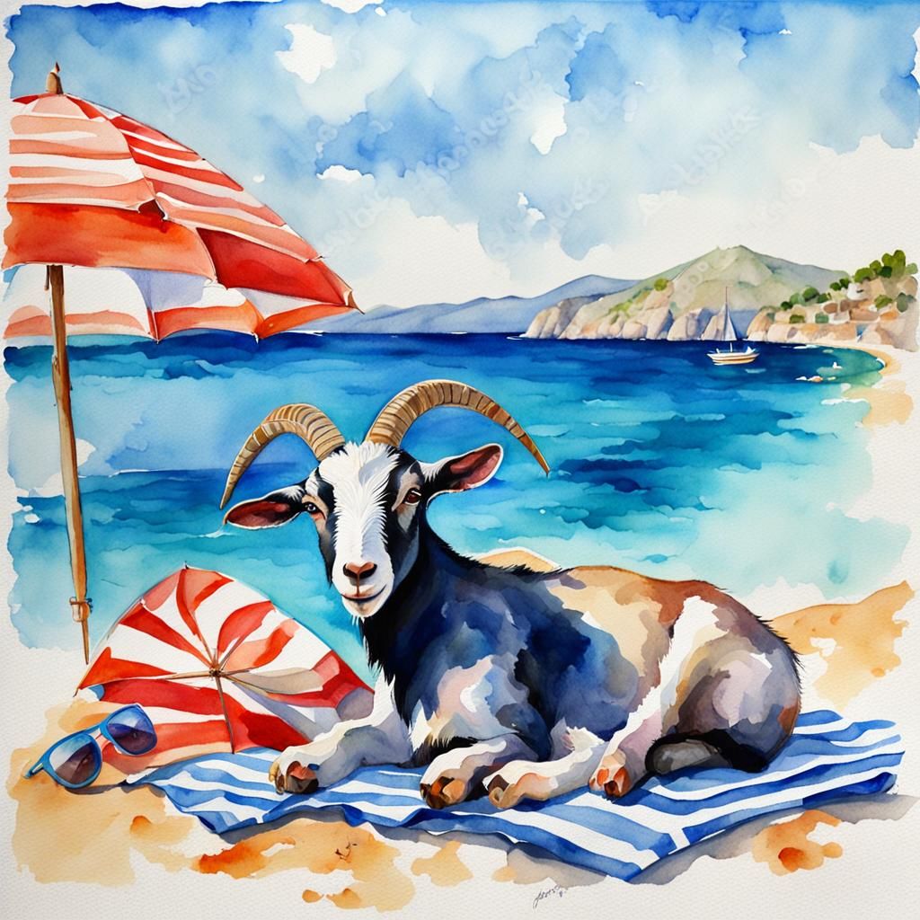 Goat on a Greek Island Beach: Watercolor Style