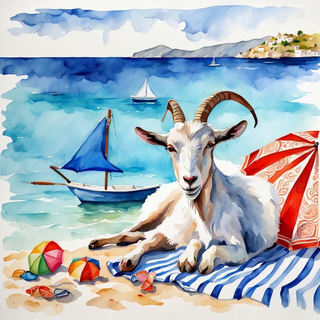 Goat on Greek Beach in Watercolor Style