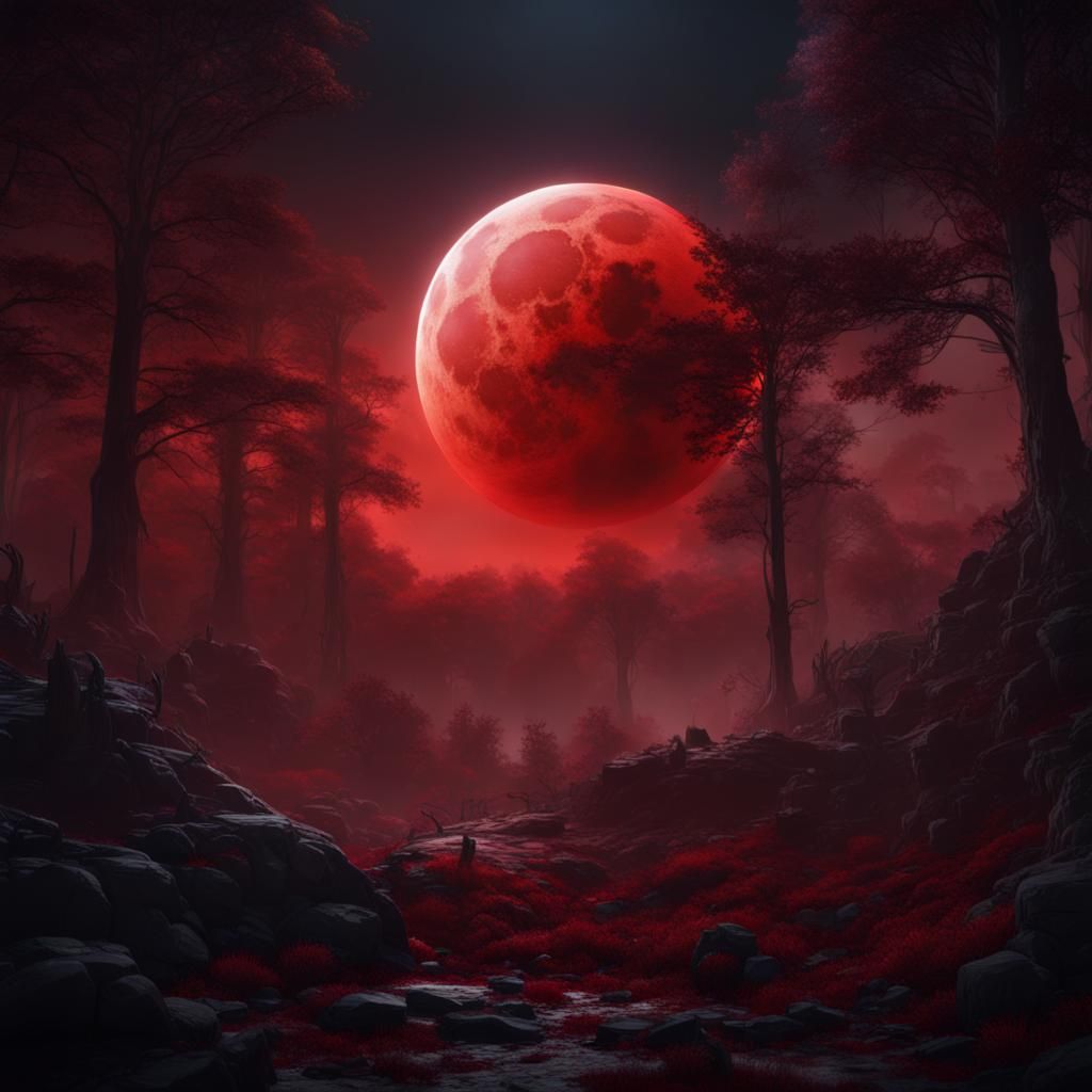 Blood Moon Over Misty Forest: Matte Painting