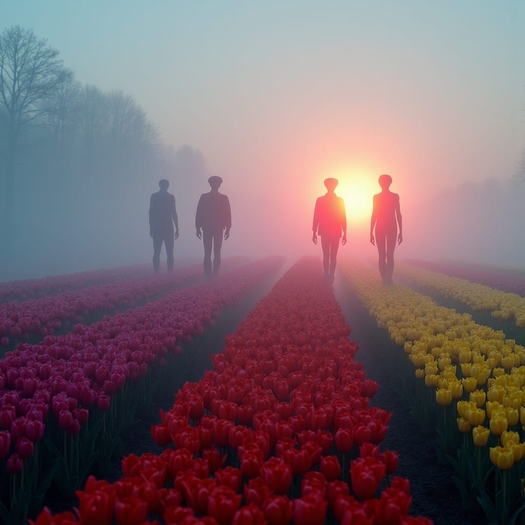 Neon Aliens in Dutch Tulip Field at Dawn