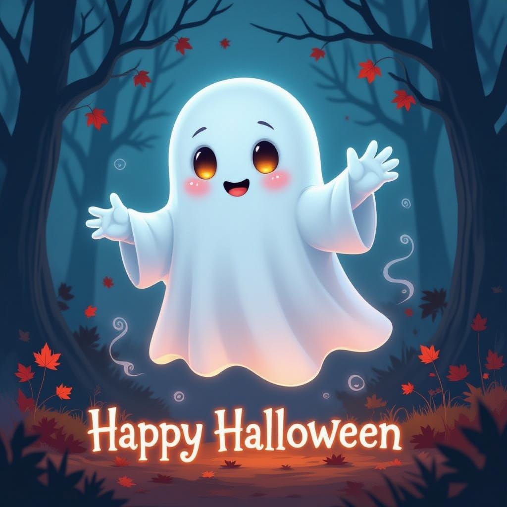 Friendly Ghost Waving in Spooky Forest Digital Painting
