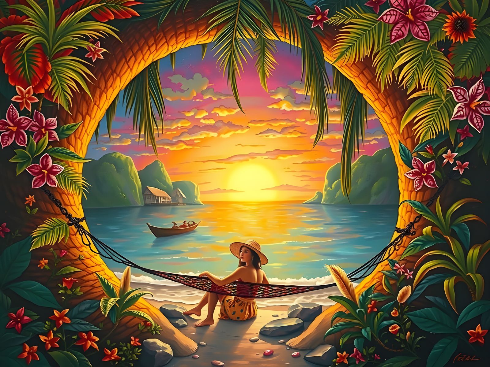 Island Paradise: Woman Relaxing in Hammock at Sunset