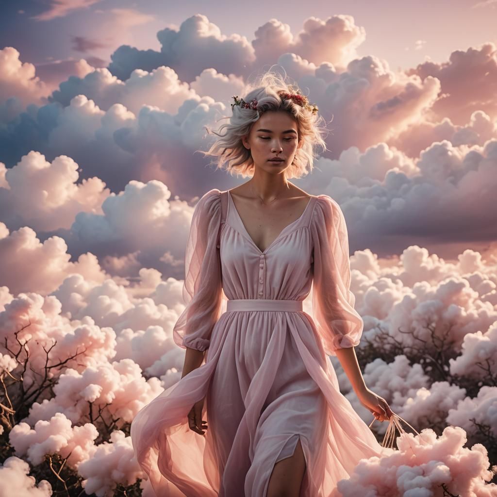 Dreamy Pastel Landscape with Woman in Cloud Hair