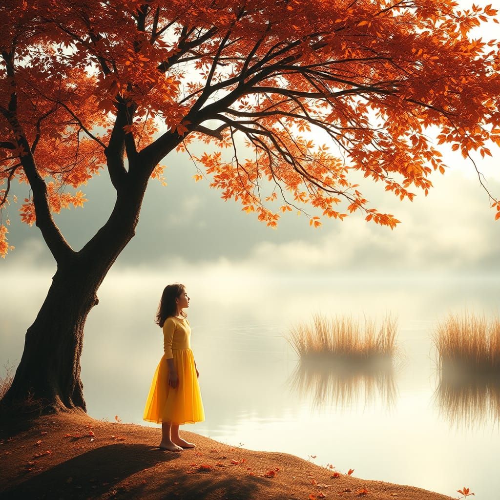 Girl Reflecting by Lake in Autumn Landscape