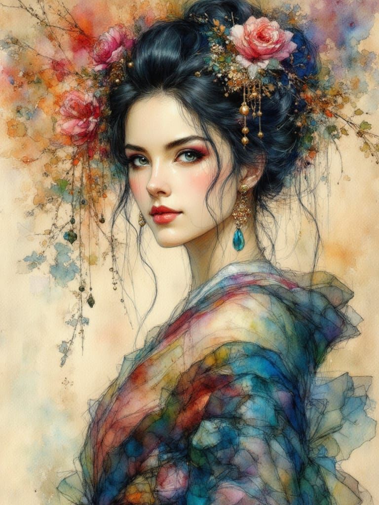 Geisha in Dark Fantasy Earth Tone Style