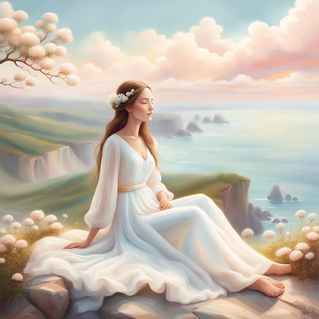 Dreamy Serene Woman Meditating at Sunrise