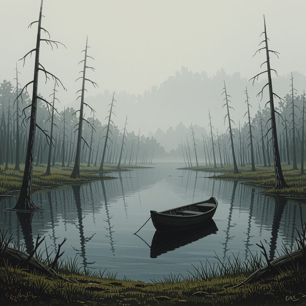 Eerie Lake in Misty Swamp, Expressive Painting Style