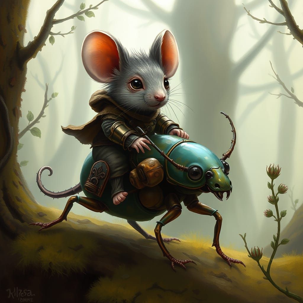 Mouse Rides Iridescent Beetle Through Whimsical Forest