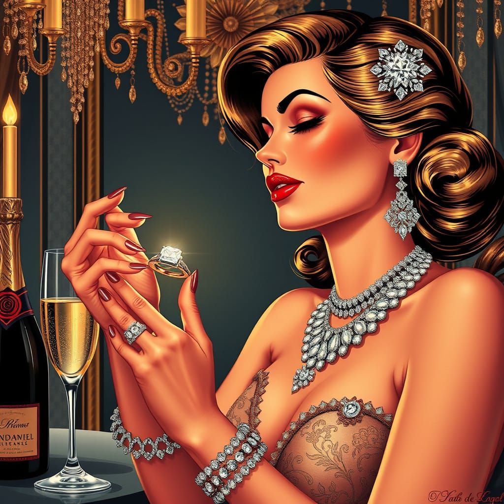 Luxurious Pin-Up Woman in High-Contrast Illustration Style
