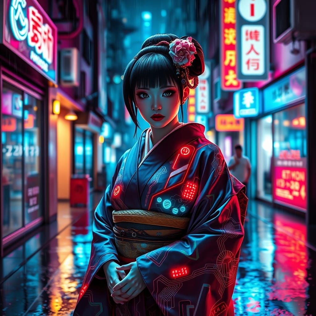 Cyberpunk Geisha in Neon-Lit Alleyway