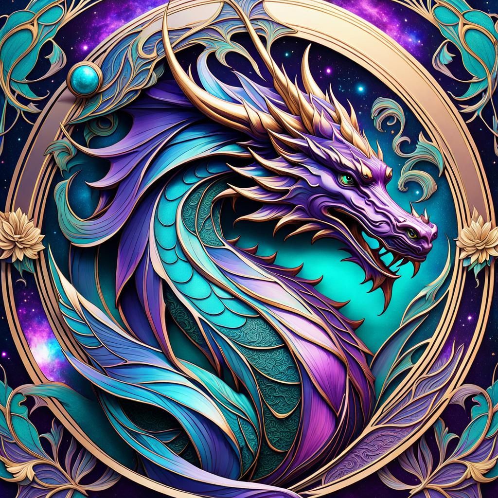 Art Nouveau Dragon: Holographic Astral Illustration