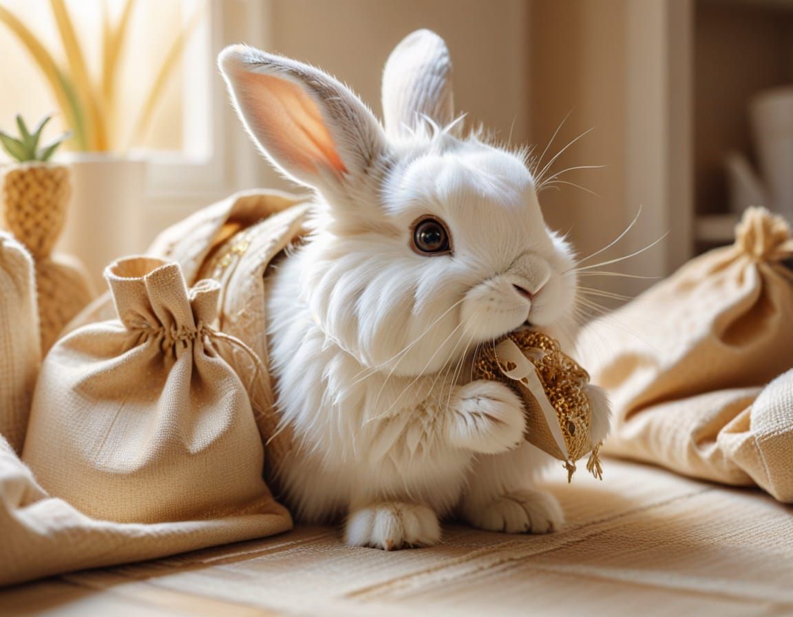 Whimsical Rabbit with Bag in Cozy Home