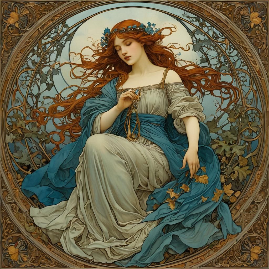 Autumnal Love: Art Nouveau Masterpiece in Mucha Style