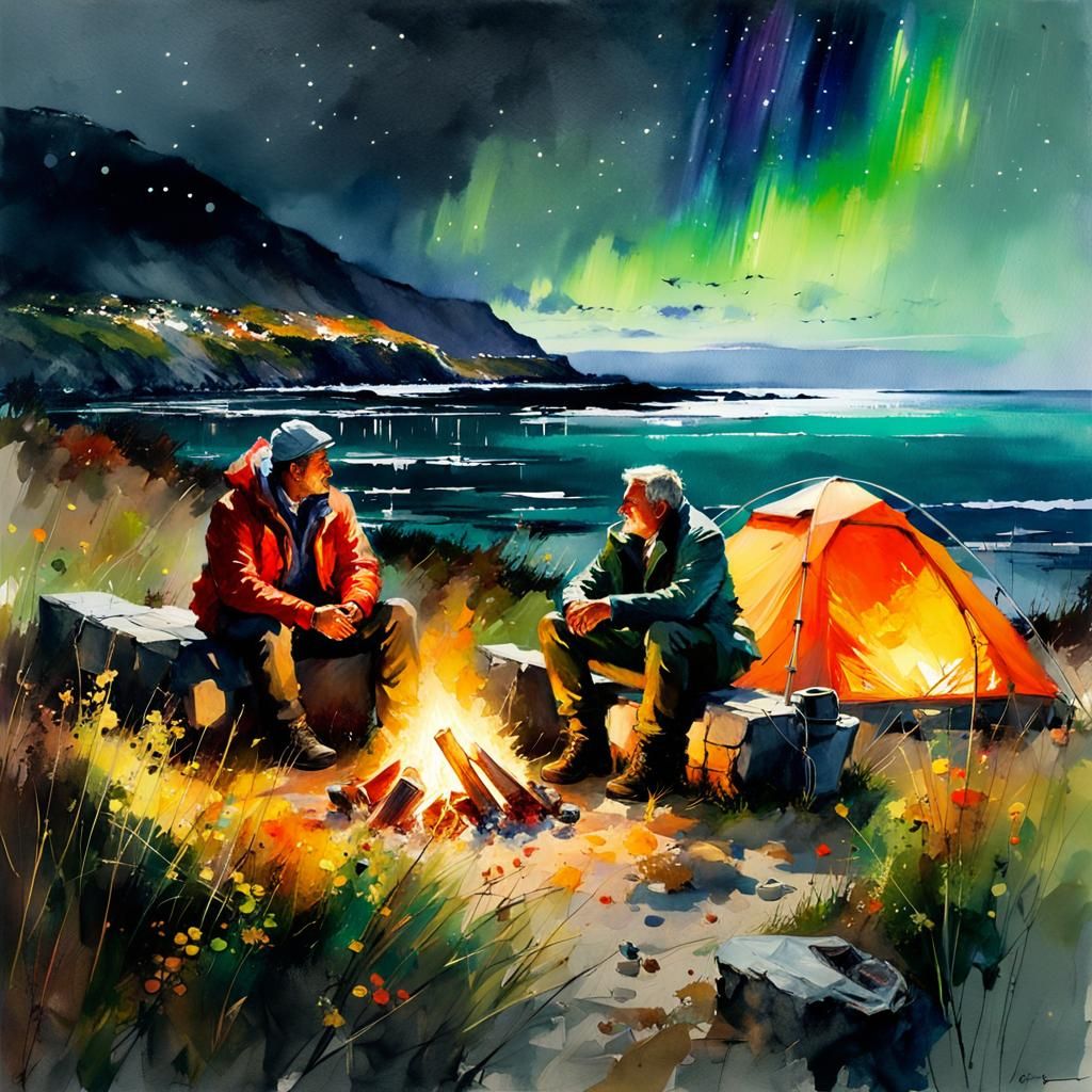 Seaside Campsite Under Aurora, Watercolor Painting