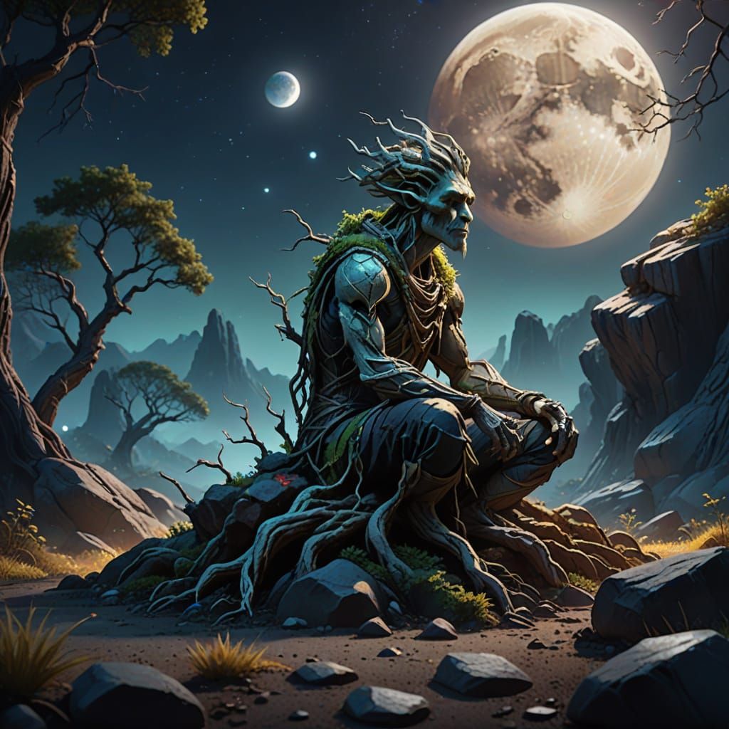 Moonlit Groots Meditating by Glowing Stone