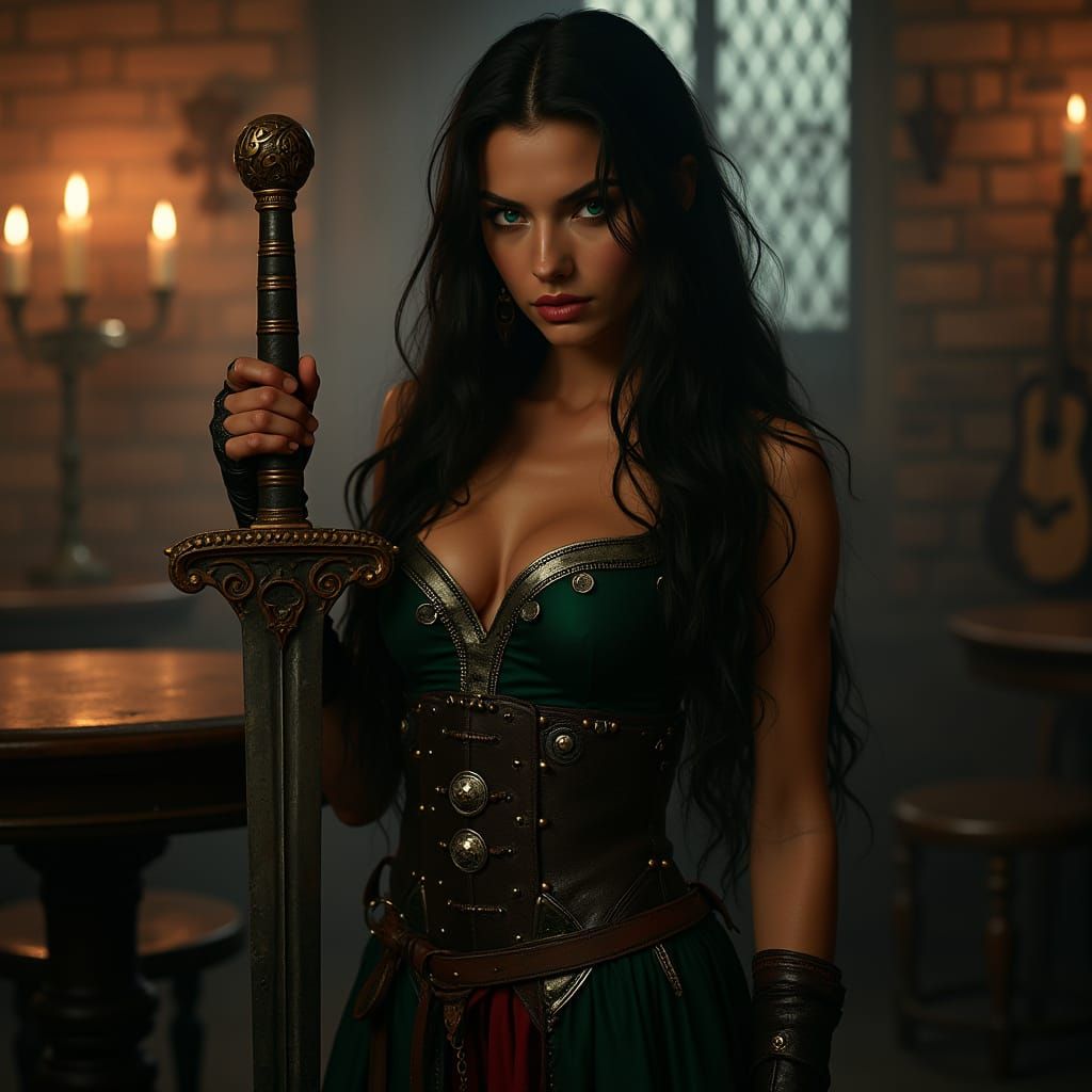 Confident Viking Supermodel Wields Battle-Worn Sword in Dark...