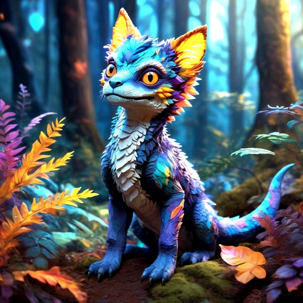 Cute Velociraptor Kitten in Bright Forest
