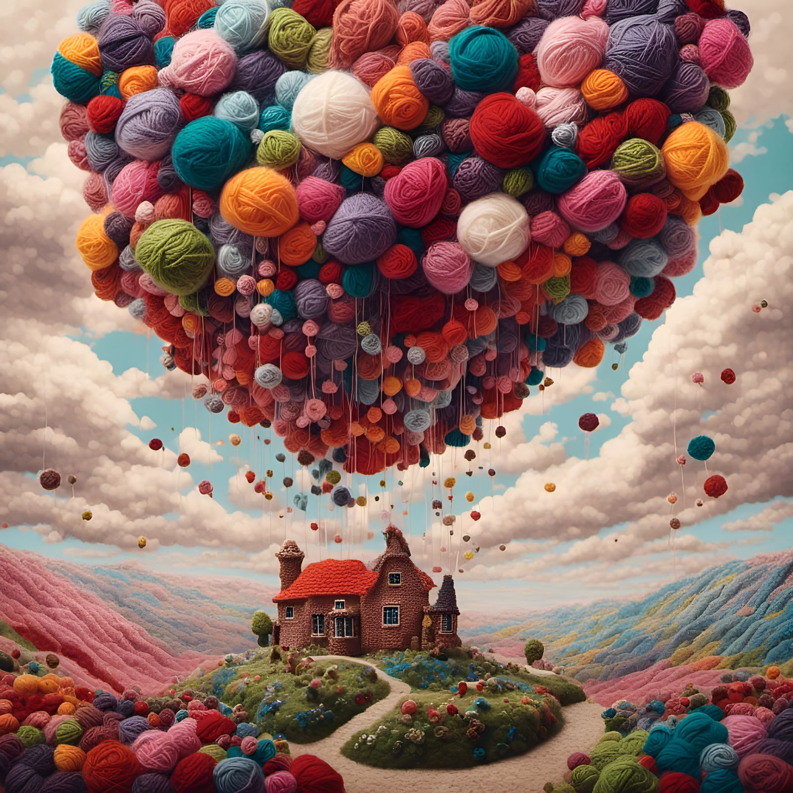 Crocheted House Floating with Balloons