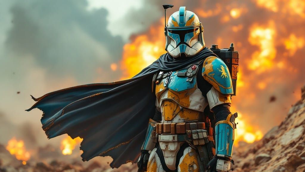 Battle-Scarred Clone Trooper in Turquoise and Gold Armor