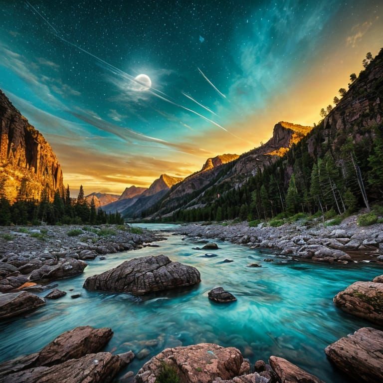 Turquoise River Rainbow Under Moonlight