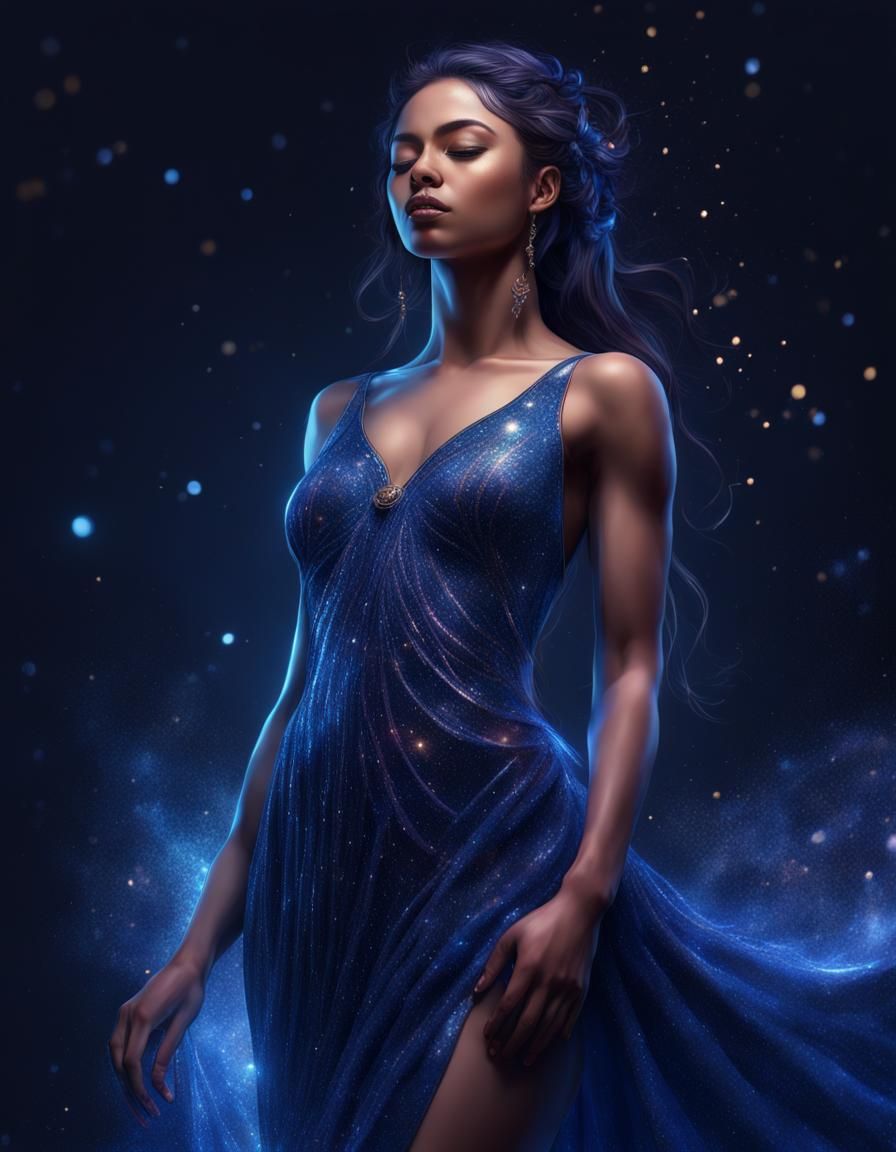 Night Goddess in Indigo Dress: Hyperrealistic Art