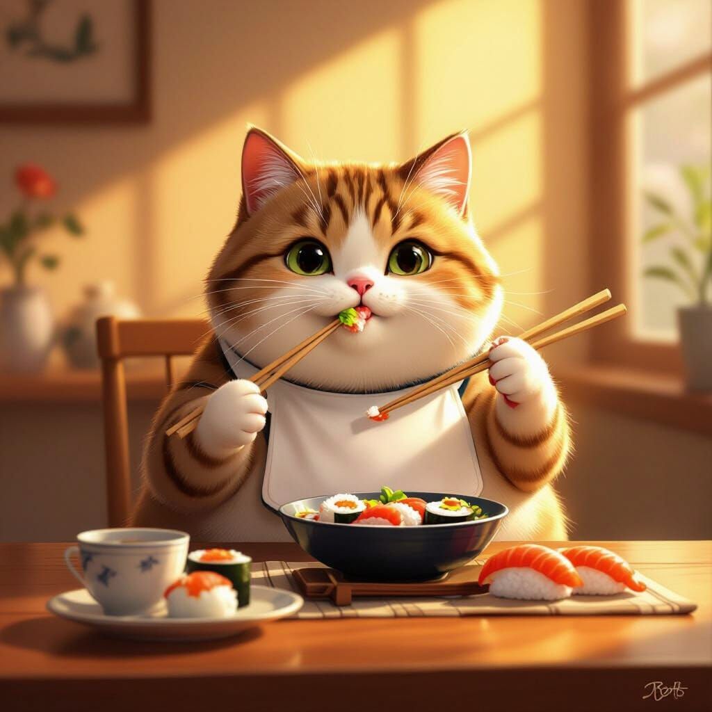 Plump Cat Enjoys Sushi Meal in Digital Art Style